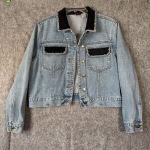Vtg 90s Jean Jacket Womens Large Western Festival‎ Embellished Studded Alligator